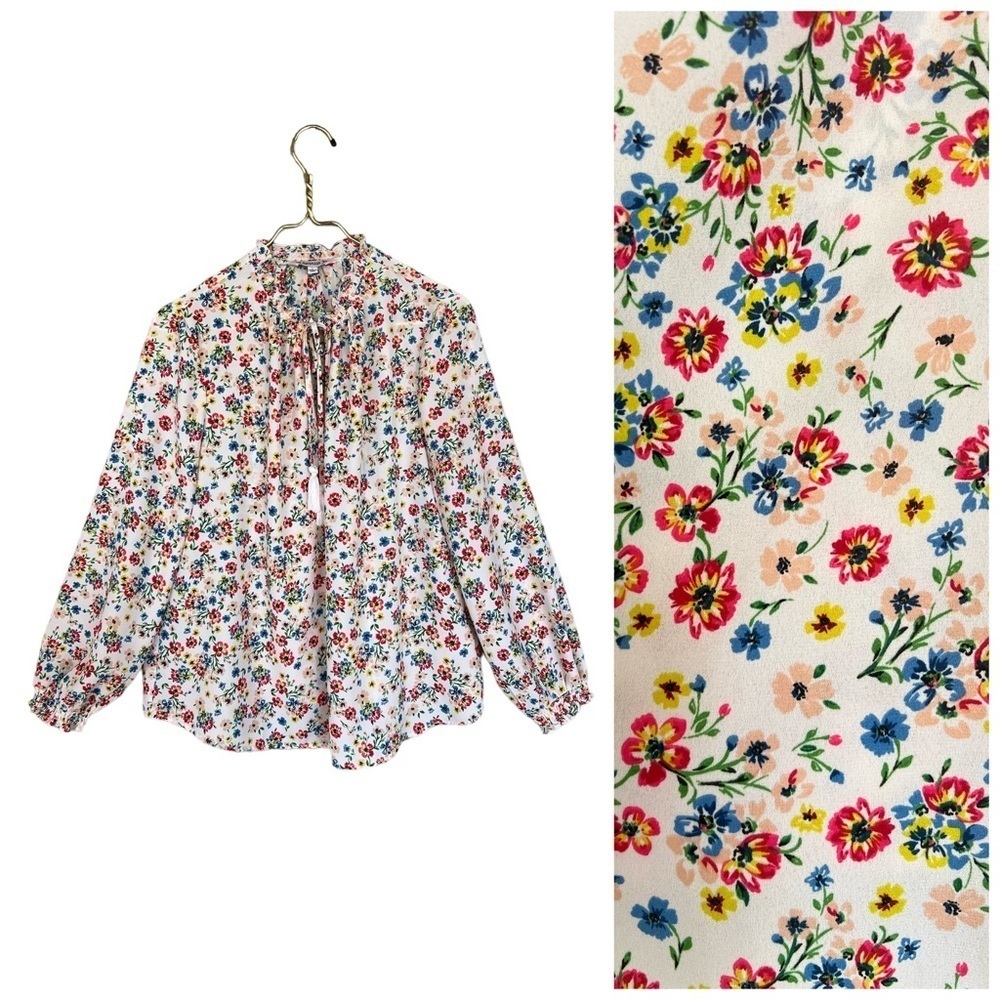 Nanette Lepore Floral Print Long Sleeve Tie Neck Blouse